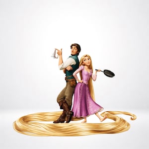 May include: A cartoon illustration of a man in a teal waistcoat and brown trousers holding a silver tiara, standing back-to-back with a woman in a purple dress holding a black frying pan, both surrounded by a large coil of long blonde hair.