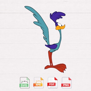 May include: A cartoon image of the Road Runner, a blue bird with purple accents and a yellow beak. The bird is standing on one leg with its wings spread. Below the image are four file type icons: SVG, EPS, PDF, and PNG.