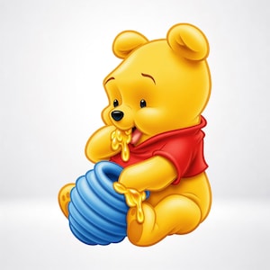 May include: A yellow bear character wearing a red shirt, sitting down and eating golden honey from a blue, ribbed, cylindrical pot. The bear has a small black nose, round ears, and honey dripping from its mouth and hand onto the blue pot.