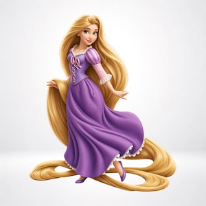 Könnte beinhalten: Eine Zeichentrickfigur mit langem blonden Haar trägt ein violettes Kleid mit geschnürtem Oberteil, gepufften Ärmeln mit rosa Streifen und weißer Spitzenverzierung an Ausschnitt und Manschetten. Die Figur hat grüne Augen und trägt violette Schuhe.