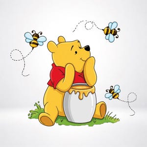May include: A yellow bear with a red shirt sits on green grass, resting its chin on its hands while leaning against a white honey pot filled with golden honey. Three small bees with blue wings fly around the bear, each following a dotted path.