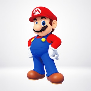 May include: A 3D character figure of Mario wearing a red cap with a white M emblem, a red long-sleeved shirt, blue overalls with yellow buttons, white gloves, and brown shoes. The character has a thick black mustache and blue eyes.