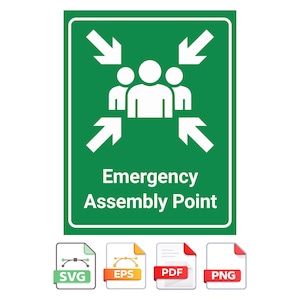 Señal de punto de reunión de emergencia en formato SVG, PNG, PDF y EPS. Señal de seguridad para evacuación e impresión en puntos de encuentro. Archivos vectoriales digitales para descarga.