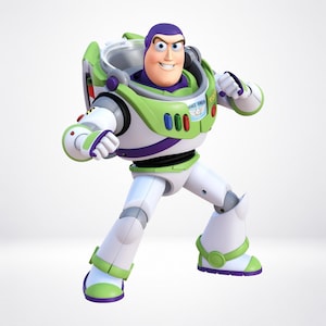 May include: A Buzz Lightyear action figure featuring a white, green, and purple space suit with a clear helmet dome, red, blue, and green chest buttons, and the text Space Ranger printed on the left side of the chest plate in a dynamic pose.
