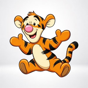 Può includere: Un'illustrazione a cartoni animati di Tigro, la tigre arancione con strisce nere, pancia color crema e naso rosa. Il personaggio è raffigurato in posizione seduta con le braccia tese, un ampio sorriso e una lunga coda a strisce dietro.
