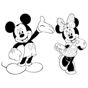 May include: Black and white cartoon illustration of Mickey Mouse and Minnie Mouse. Mickey Mouse is wearing white gloves, shorts, and shoes, with a smiling expression and his arm raised. Minnie Mouse is wearing a polka dot dress and bow, with a playful pose.