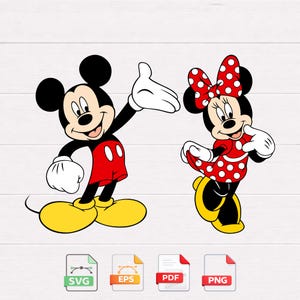May include: A cartoon illustration of Mickey Mouse and Minnie Mouse. Mickey is wearing red shorts, yellow shoes, and white gloves, waving with a smile. Minnie is in a red polka-dot dress, a matching bow, and yellow shoes. Below are file type icons.