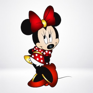 Pode incluir: Uma personagem de desenho animado com orelhas pretas, um grande laço vermelho com o centro amarelo e um vestido vermelho com bolinhas brancas. A personagem tem um rosto claro, nariz preto e usa sapatos vermelhos com detalhes amarelos.