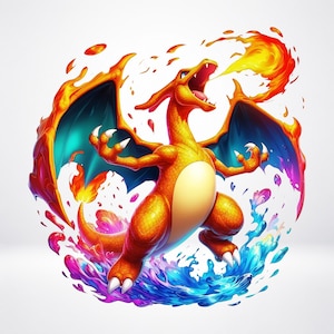 May include: A vibrant illustration of a bipedal orange dragon-like creature with large wings, breathing a stream of fire. The creature features a cream-colored belly, sharp claws, and is surrounded by swirling colorful water and flame effects.