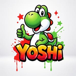 Op de afbeelding: Een grafische illustratie van het groene personage Yoshi die een duim omhoog steekt, met een rood zadel en een witte buik. Het woord YOSHI staat in grote, dikke, oranje en gele gradiëntletters over rode en groene verfspatten heen.