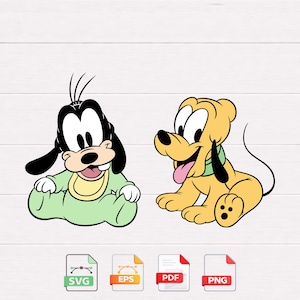 May include: Two cartoon images of Disney characters. One is a baby Goofy in a green onesie. The other is Pluto, a yellow dog with a green collar. Below are SVG, EPS, PDF, and PNG file type icons.