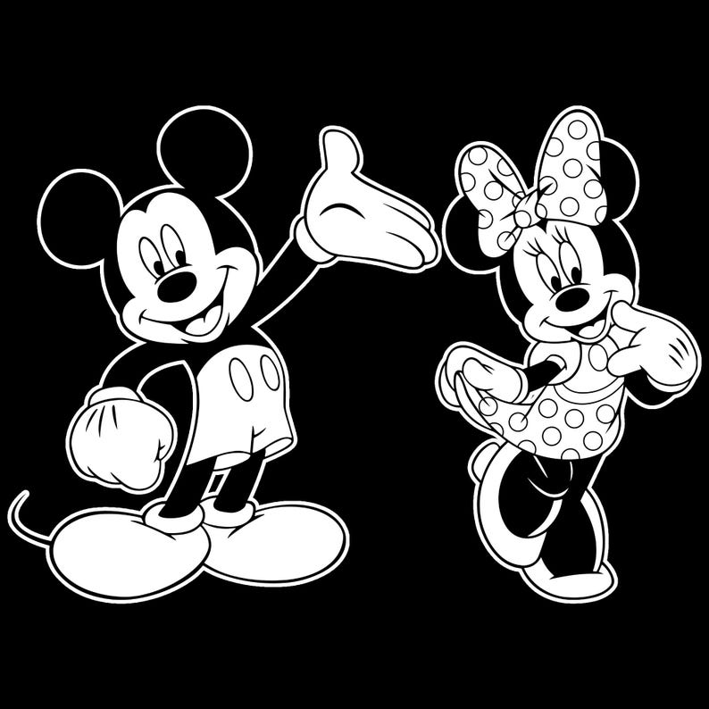 May include: Black and white illustration of Mickey Mouse and Minnie Mouse. Mickey is waving with a smile, wearing white gloves, shorts, and shoes. Minnie is in a polka dot dress and bow, also with white gloves and shoes.