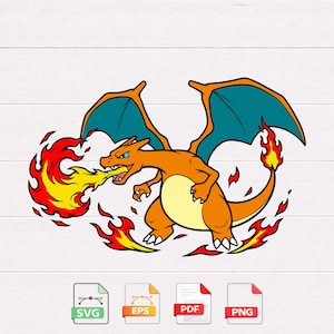 Puede incluir: Ilustración de Charizard naranja y verde azulado con llamas. El dragón escupe fuego, con llamas alrededor de la cola y el cuerpo. La imagen incluye iconos de tipo de archivo SVG, EPS, PDF y PNG.