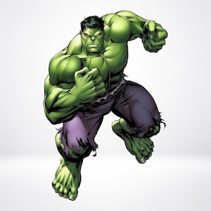 May include: A muscular green-skinned humanoid figure with short dark hair, wearing tattered purple pants. The figure is in a dynamic, forward-leaning pose with both fists clenched, displaying a stern facial expression with furrowed brows.