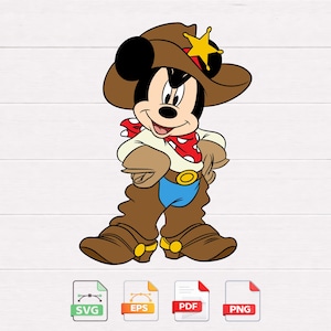 Pode incluir: Ilustração de desenho animado do Mickey Mouse vestido de cowboy. Ele usa um chapéu de cowboy marrom com uma estrela amarela, um lenço vermelho com bolinhas brancas, calças azuis e botas marrons. Inclui ícones de tipo de arquivo SVG, EPS, PDF e PNG.