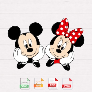 Pode incluir: Uma ilustração digital de Mickey Mouse e Minnie Mouse. Mickey tem orelhas pretas, um nariz preto e um rosto sorridente. Minnie Mouse tem um laço vermelho com bolinhas brancas. Ambos os personagens estão sorrindo e segurando seus rostos com as mãos.