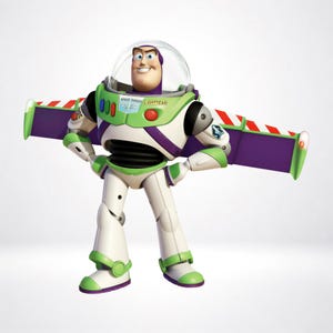 May include: A Buzz Lightyear action figure with a clear plastic helmet, white, green, and purple suit, and extended wings. The chest features the text SPACE RANGER and LIGHTYEAR, with red, blue, and green buttons and a wing-mounted red and white pattern.