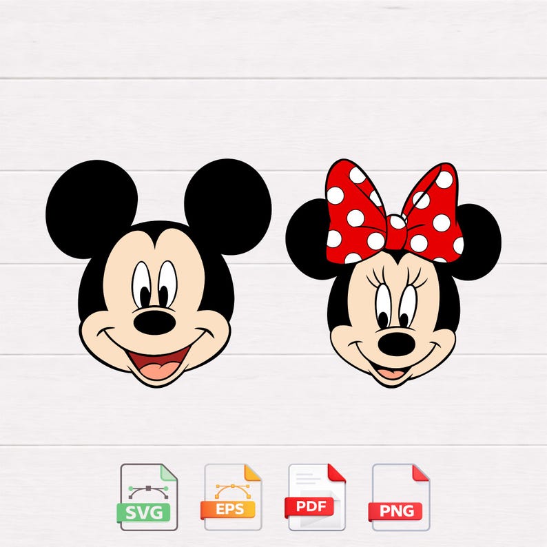 May include: Two cartoon character faces, Mickey Mouse and Minnie Mouse, are depicted. Mickey has a black head with large ears, a tan face, and a smiling expression. Minnie has a red bow with white polka dots and a similar facial expression. Below are SVG, EPS, PDF, and PNG icons.