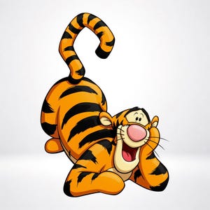 Könnte beinhalten: Eine Zeichentrick-Tigerfigur mit leuchtend orangefarbenem Fell und kräftigen schwarzen Streifen, dargestellt in einer verspielten Pose mit nach oben gebogenem Schwanz. Die Figur hat eine cremefarbene Schnauze, eine große rosa Nase und ein fröhliches Gesicht.