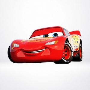 May include: A bright red race car character with blue eyes, a wide smiling mouth, and white headlights. The car features the number 95 in yellow on the sides and hood, with Lightyear branding on the black tires against a plain white background.