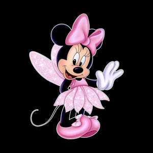 May include: A cartoon character with black ears, a pink bow, and a pink dress with a glittery texture. The character has white gloves, light pink fairy wings with a sparkling finish, and pink shoes. The character is smiling and waving one hand.