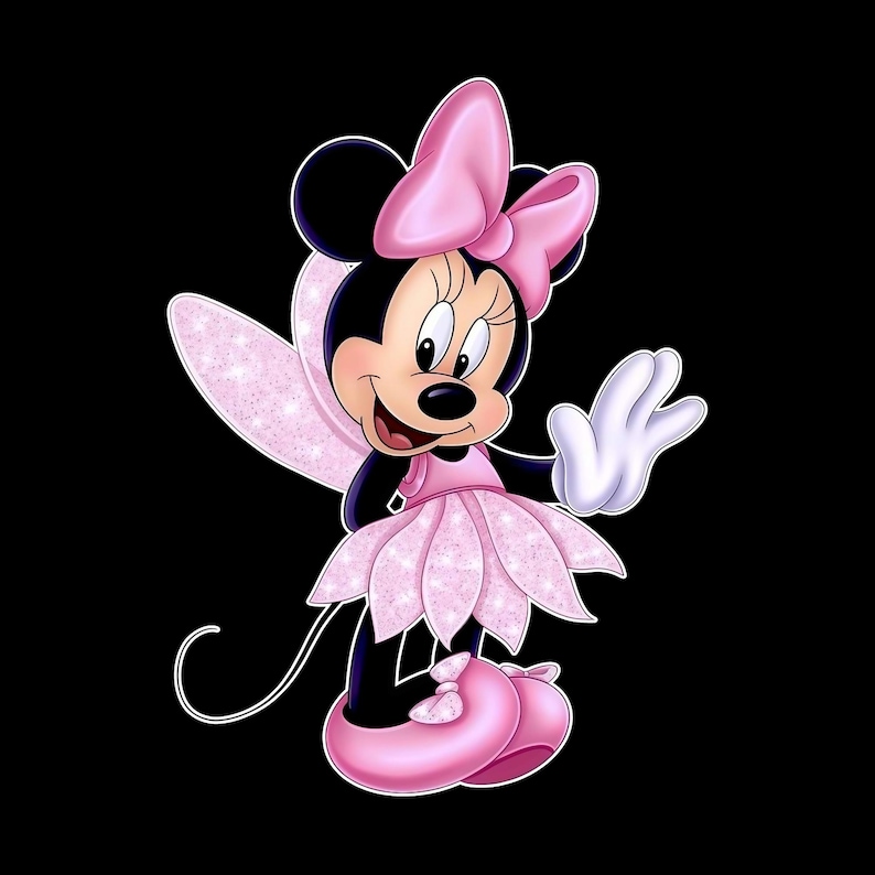 May include: A cartoon character with black ears, a pink bow, and a pink dress with a glittery texture. The character has white gloves, light pink fairy wings with a sparkling finish, and pink shoes. The character is smiling and waving one hand.