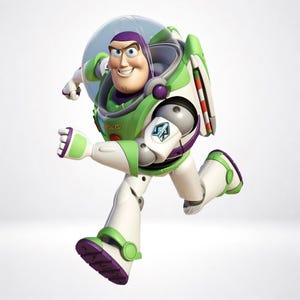 Puede incluir: Una figura de acción de Buzz Lightyear con un traje espacial blanco, verde y morado con un domo de casco transparente retráctil. La figura está en posición de carrera, con un panel en el pecho con el nombre Lightyear y un logo en el brazo.