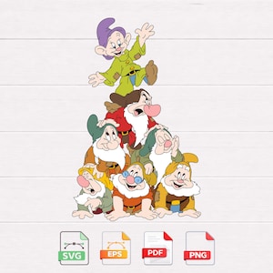 May include: A colorful illustration of the Seven Dwarfs from Snow White, stacked on top of each other. Each dwarf is wearing a unique outfit and has a distinct facial expression. The image includes SVG, EPS, PDF, and PNG file type icons.