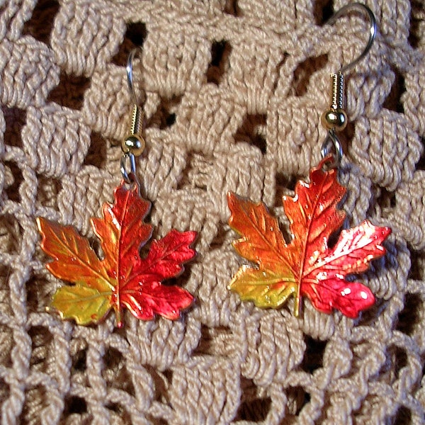 Hand Painted VERMONT MAPLE LEAF Earrings. Nice Size. Lightweight. Gold-Tone Stainless Steel Wires.