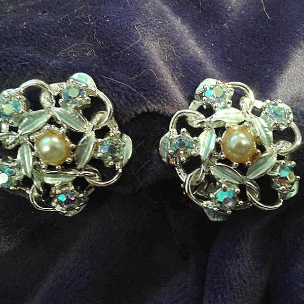 Vintage   Aqua Enamel and AB  Rhinestone  and Faux Pearl Earrings.Clips. 1960's.