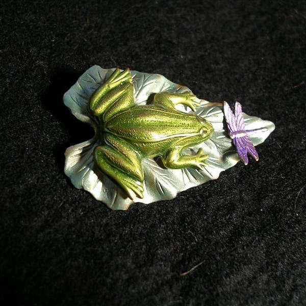 Hand Painted Frog and Dragonfly Brooch