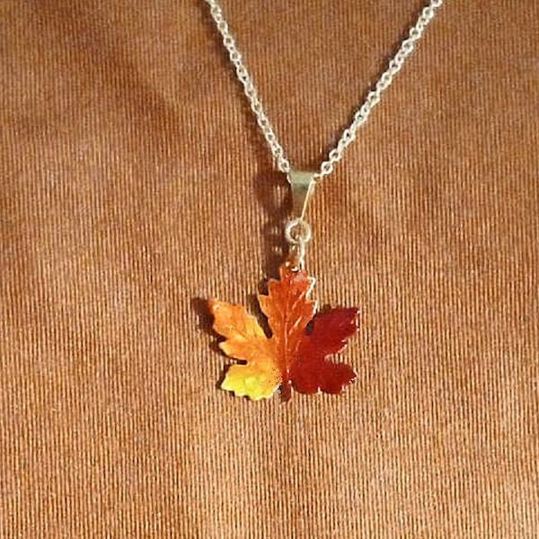 Mini  MAPLE LEAF Necklace.GOLD Chain. Hand Painted in Autumn Colors. Fine Chain.Optional Chain Length.