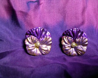 Purple and Lavender  Pansy Pearl  Earrings. Hand Painted Metal.