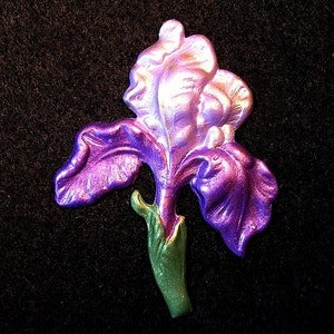 Bearded Iris Pin.Hand Painted in Purple, Lavender and Soft Sage Green.