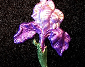Bearded Iris Pin.Hand Painted in Purple, Lavender and Soft Sage Green.