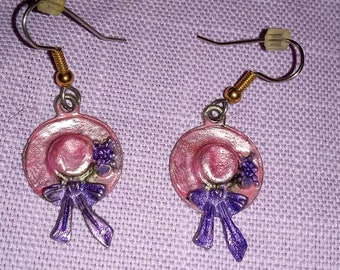 NOW HALF PRICE. Pink Hatter Earrings. Hand Painted.Hypoallergenic.