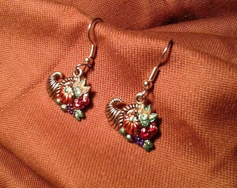 Colorful Cornucopia Earrings . Hand Painted for Autumn. Nice for Thanksgiving.