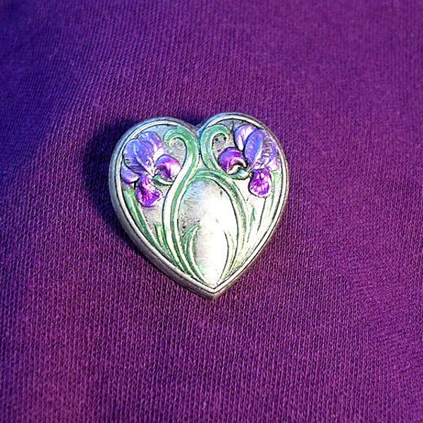 Iris Heart  Pin. Hand Painted.Purple Bearded Irises