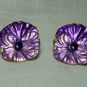 Purple and Lavender  Pansy Earrings,Sparkling Crystal Center