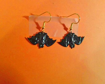 HANGING BAT EARRINGS for Holloween. Upside Down Bats Hand Painted