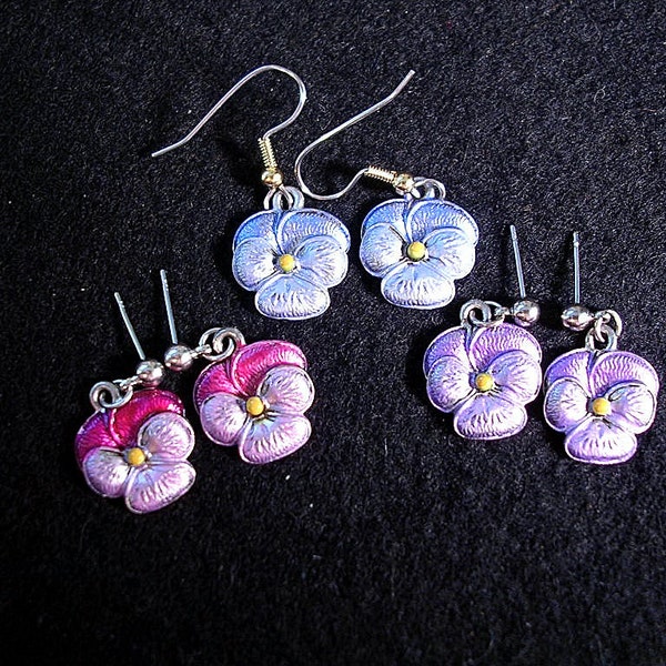 Pretty Pansy Earrings. Hand Painted Metal. Choice of 3 Colors.