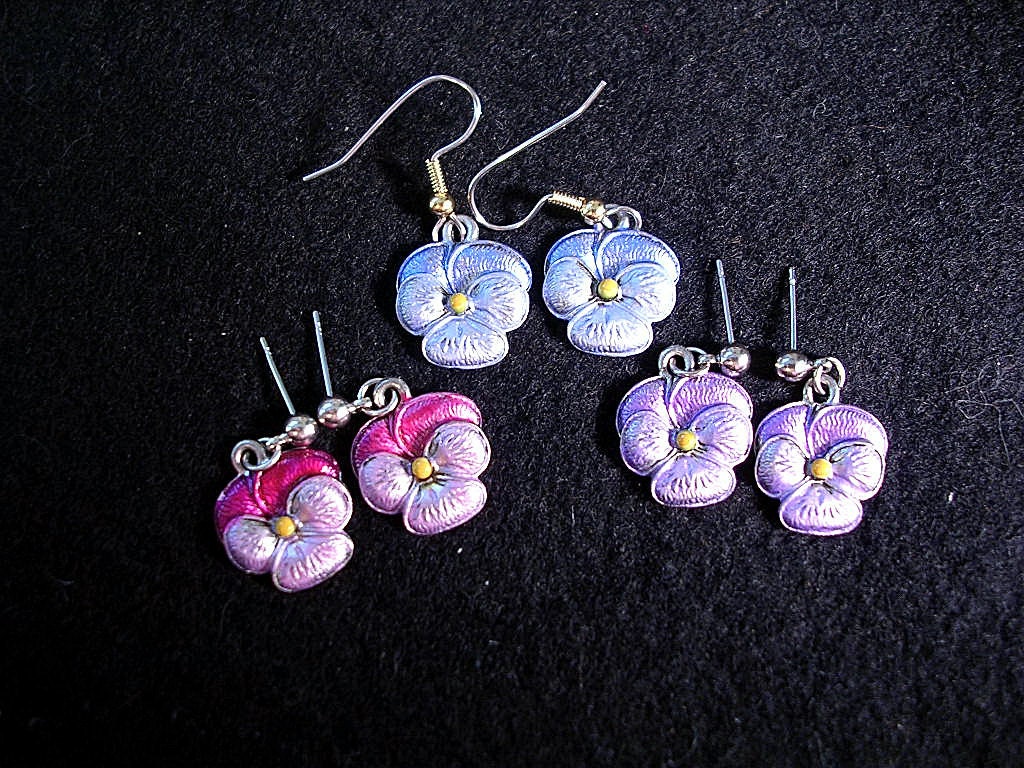 Pretty Pansy Earrings. Hand Painted Metal. Choice of 3 Colors.
