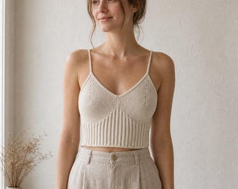 Knit Bralette Pattern – Cozy Cotton Merino Crop Top Knitting PDF (XS–2XL)