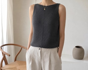 Seceda Linen Tank Top Knitting Pattern Women, Seamless Boat Neck Summer Knit