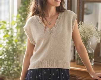 Dawn V Neck Knit Tank Top Pattern | Scalloped Crochet Edge Vest (PDF + Video Tutorial)