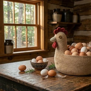 May include: A rustic kitchen scene features a woven hen-shaped basket filled with brown and white eggs. A small bowl of eggs and a few loose eggs sit on a wooden table. A window and decorative plate are in the background.