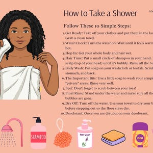 May include: An illustrated guide titled "How to Take a Shower" with 10 steps. The image features a person wrapped in a towel, holding a washcloth. Various bath products are shown, including shampoo, body wash, and a loofah.