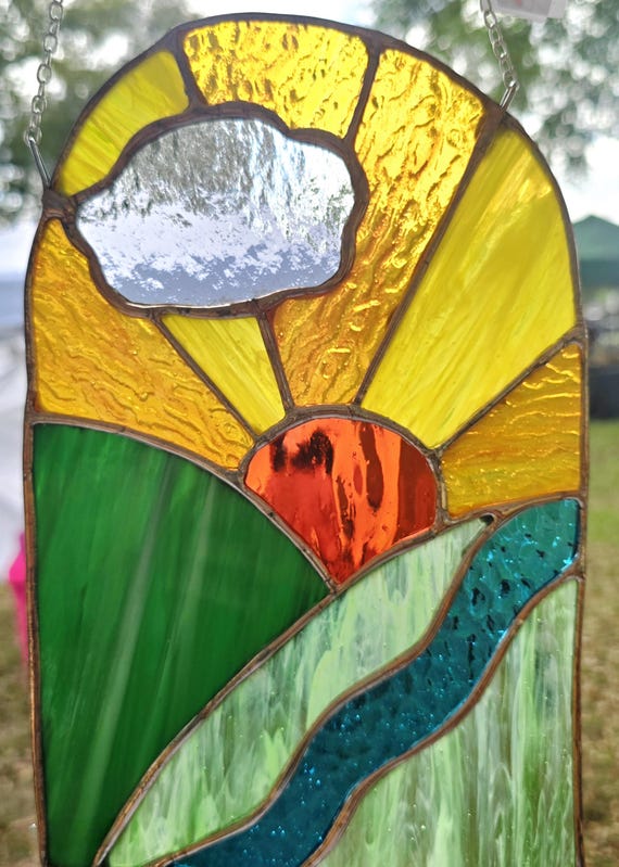 Handmade Stained-Glass mountain sunrise suncatcher