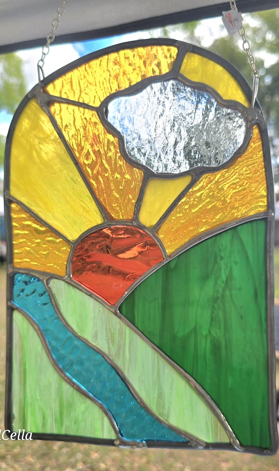 Handmade Stained-Glass mountain sunrise suncatcher