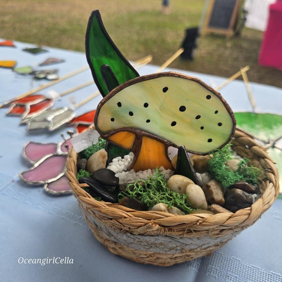 Stained-glass mushroom snake plant basket